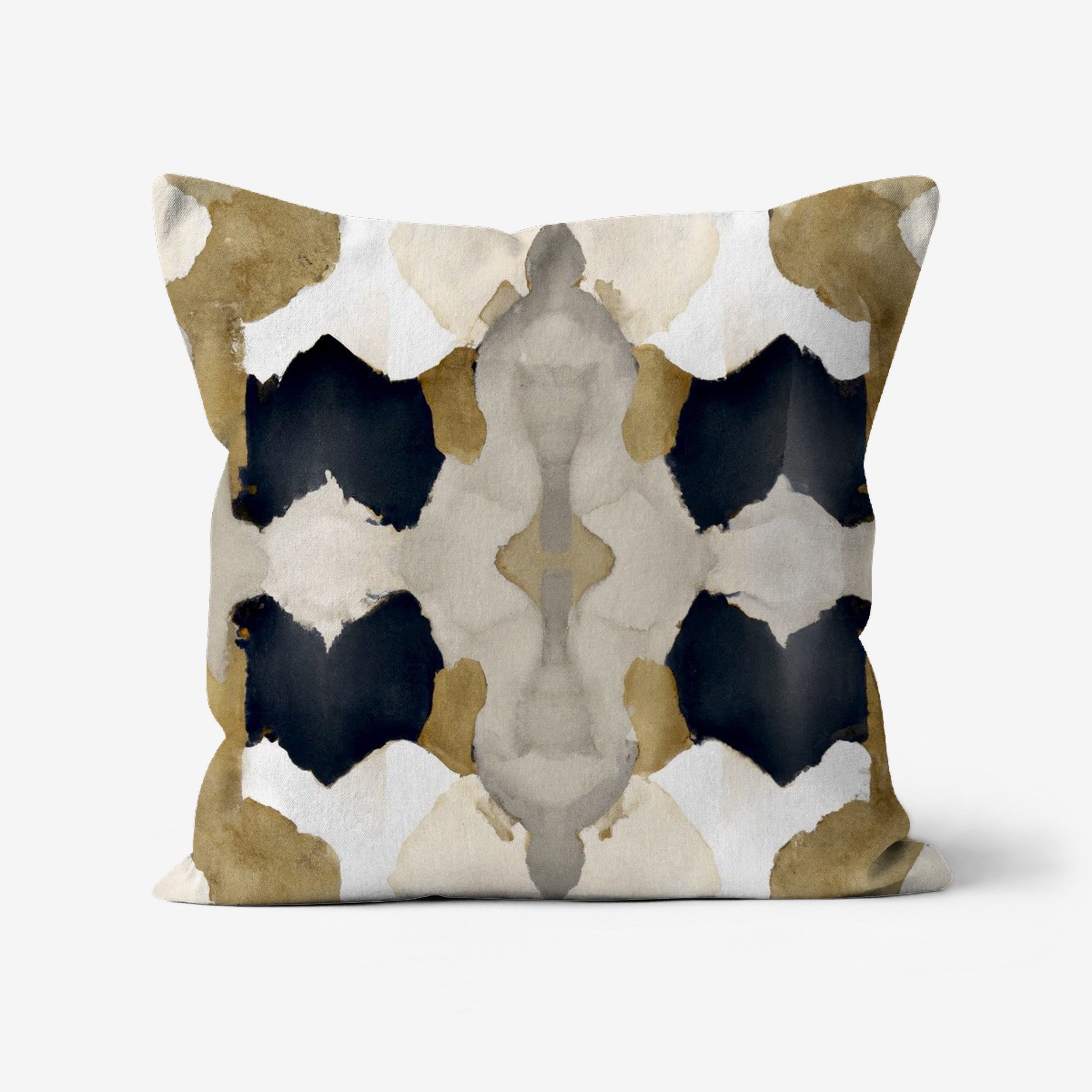 Aiya Boho Linen Throw Pillow featuring an abstract modern art print with gold, black, charcoal, white, taupe, beige, light tan, brown, mocha, and ivory on a soft linen-look fabric.