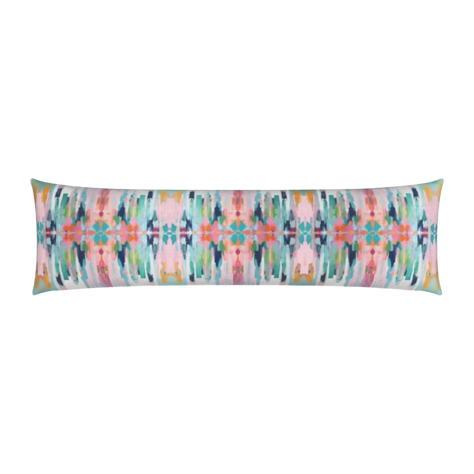 Colorful Dora Abstract Long Lumbar Pillow with a bohemian-style painted print in fuchsia pink, green, blue, navy, aqua, orange, and teal, available in 15x36” and 15x49” sizes.