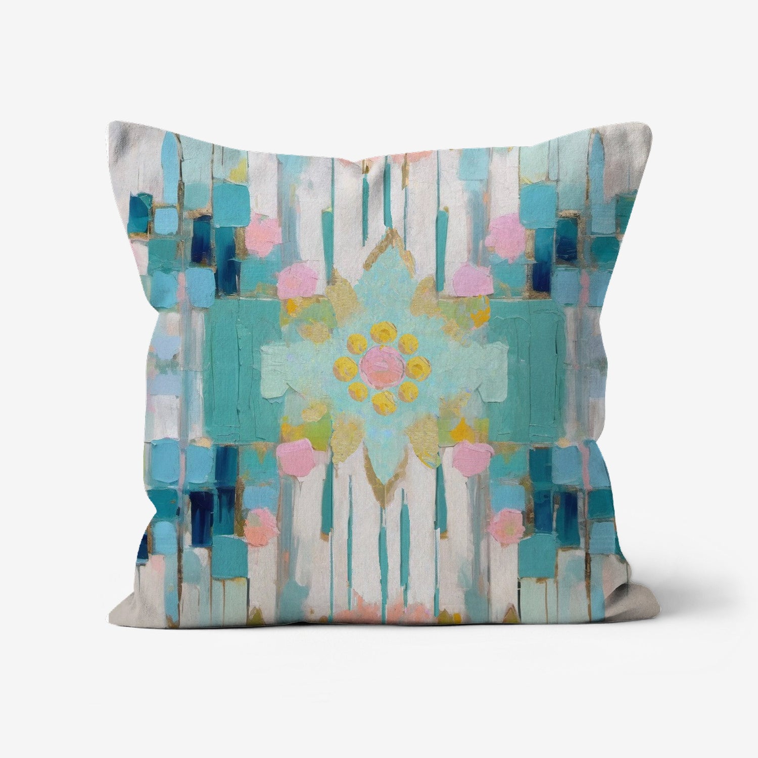 Fiona Bohemian Throw Pillow featuring a colorful abstract palette knife design with turquoise, aqua blue, teal, green, yellow, gold, and pink on a textured linen-look fabric.