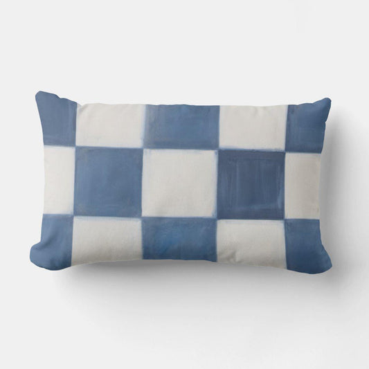 Adel Blue & White Checkerboard Lumbar Pillow with a palette knife painted design, measuring 12x20 inches, featuring a modern yet rustic style.