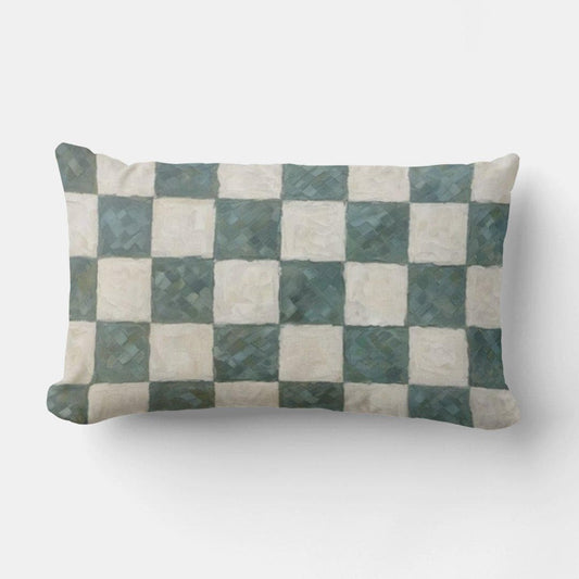 Adel Green & White Checkerboard Lumbar Pillow with a hand-painted palette knife print in sage and olive green, featuring a hidden zipper and linen-look fabric.