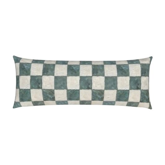 Adel Green and White Checkerboard Lumbar Pillow in sage and off-white, available in 15x36” or 15x49” sizes, featuring a soft linen-look fabric and hidden zipper.