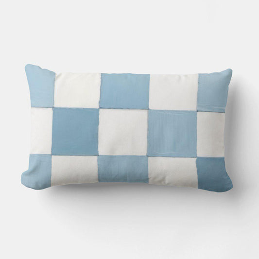 Adel Light Blue and White Checkerboard Lumbar Pillow featuring a hand-painted palette knife print, soft linen-look fabric, and a hidden zipper closure.