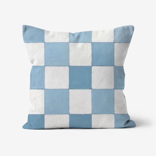 Adel Light Blue and White Checkerboard Throw Pillow with a soft baby sky powder blue and white geometric pattern, featuring a linen-textured fabric and hidden zipper closure