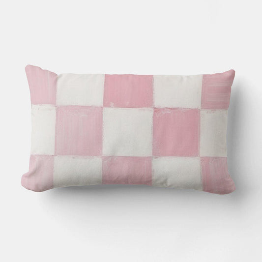 Adel pink and white checkerboard lumbar pillow with a 3D painted palette knife print, featuring soft linen-feel fabric and a hidden zipper.