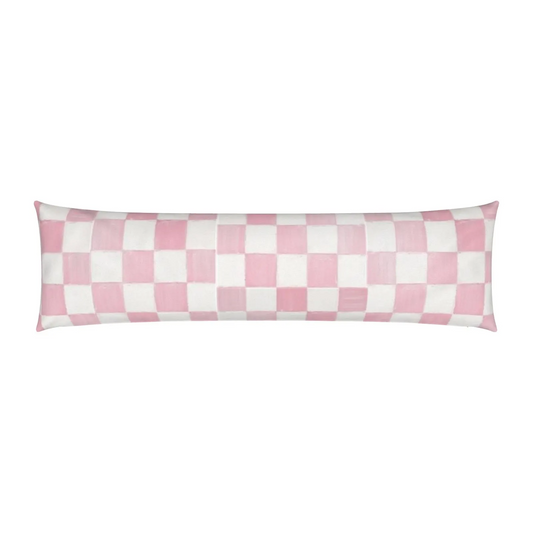 Adel Pink & White Checkerboard Lumbar Pillow with a soft impasto painted print, long decorative cushion for beds, sofas, and chairs, available in 15x36” and 15x49” sizes.