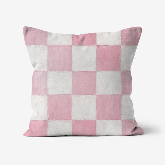 Adel Pink & White Checkerboard Throw Pillow with a soft pastel pink and white pattern, featuring a linen-textured fabric and hidden zipper closure.