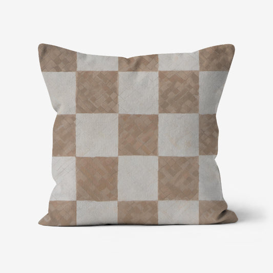 Adel Tan & Off-White Checkerboard Throw Pillow featuring a palette knife-painted geometric pattern in linen beige and off-white with a soft linen-look fabric