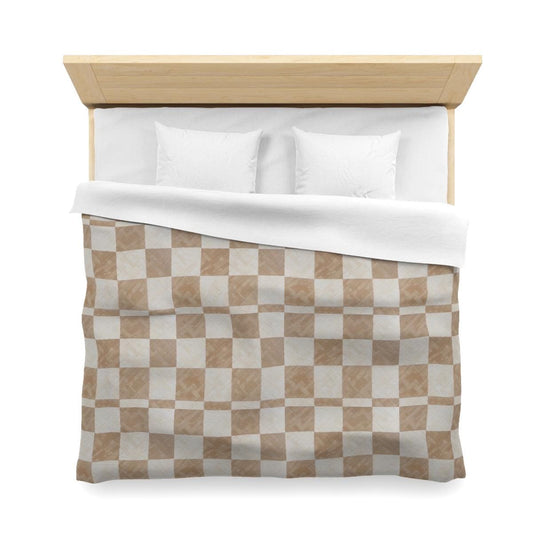 Adel Tan & White Checkerboard Duvet Cover featuring a modern beige and mocha brown checkerboard pattern on soft microfiber fabric, available in Twin to King sizes.