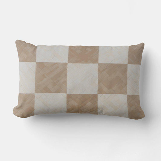Adel Tan & White Checkerboard Lumbar Pillow, 12x20 inches, featuring a beige linen-look fabric with a modern painted palette knife print.