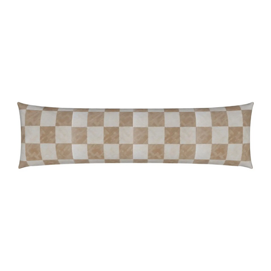 Adel Tan & White Checkerboard Lumbar Pillow with a long rectangular shape, beige linen-look fabric, and a classic checkerboard pattern, available in 15x36” or 15x49” sizes.