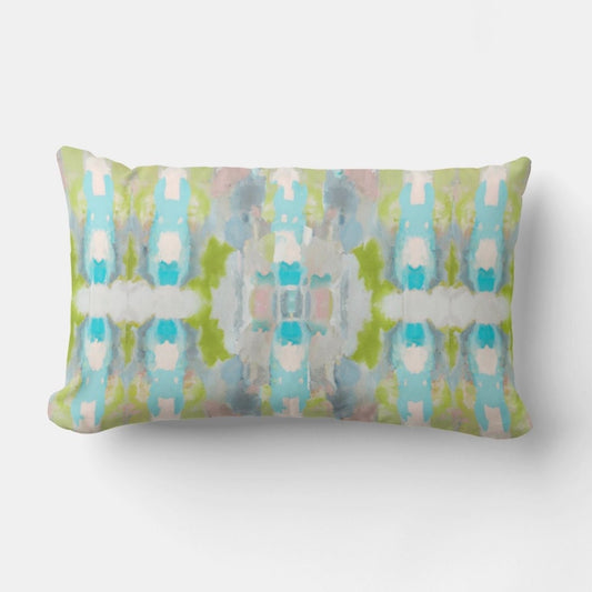 Ava lumbar throw pillow featuring a modern abstract painted print with green, aqua blue, teal, mauve, grey, and white on soft linen-look fabric.