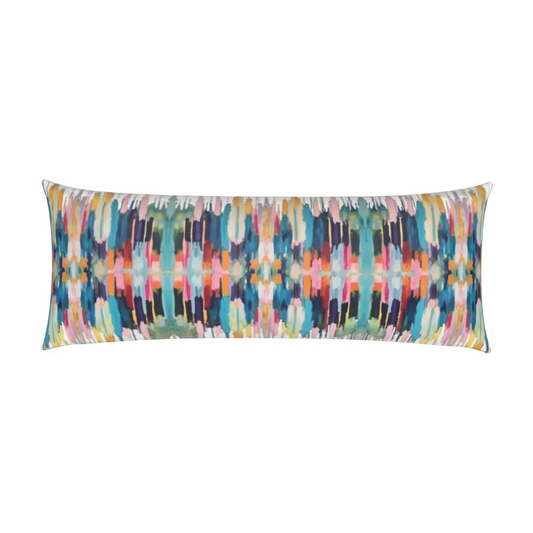 Bella Abstract Long Lumbar Pillow featuring a colorful palette knife impasto print in white, blue, green, orange, gold, red, pink, purple, and yellow, available in 15x36” or 15x49” sizes