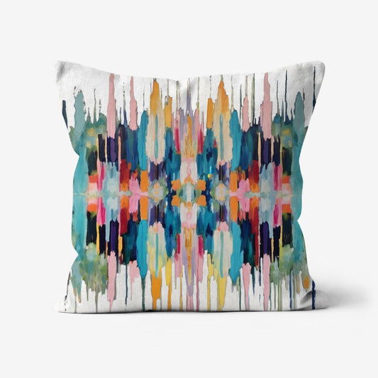 Bella Bohemian Throw Pillow featuring a colorful textured abstract palette knife-painted design with white, blue, green, yellow, gold, pink, red, orange, and purple on a linen-textured fabric