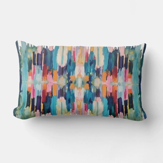 Bella Boho Lumbar Throw Pillow featuring an abstract palette knife design in green, white, blue, red, orange, pink, yellow, purple, and gold with a soft linen-look fabric.