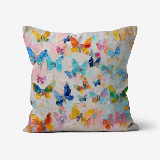 Butterfly Bohemian Throw Pillow featuring a colorful impasto-textured design with hand-painted butterflies in blue, red, pink, and green on a linen-look fabric.