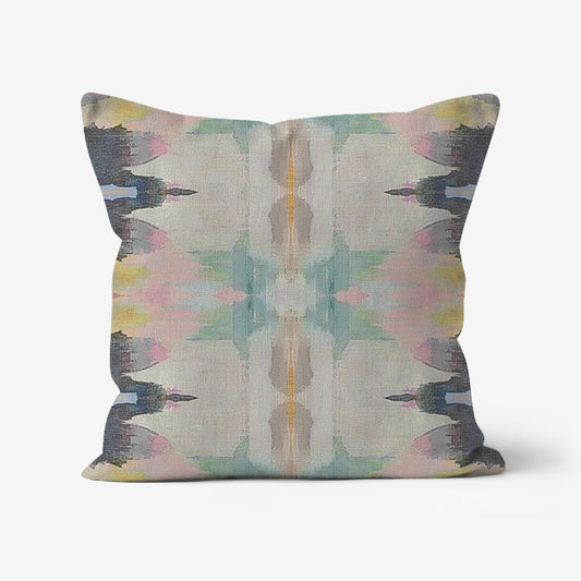 Colorful Abstract Linen Boho Throw Pillow with a modern paint-inspired print in green, yellow, pink, beige, black, charcoal, mocha, light brown, and orange on a linen-textured fabric