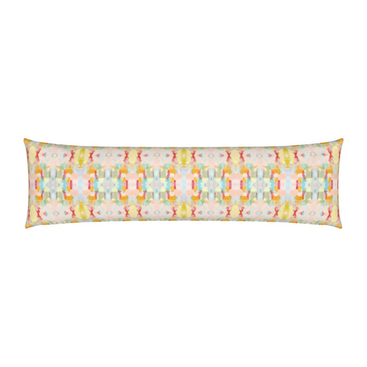 Cora abstract lumbar pillow featuring a colorful modern art print in yellow, red, green, blue, peach, and pink. Available in 15x36” and 15x49” with a soft linen-look fabric.