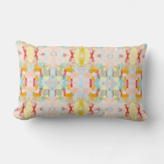 Cora Abstract Lumbar Throw Pillow with a modern colorful painted print in yellow, green, blue, red, peach, orange, aqua, and gold, featuring a linen-look fabric.