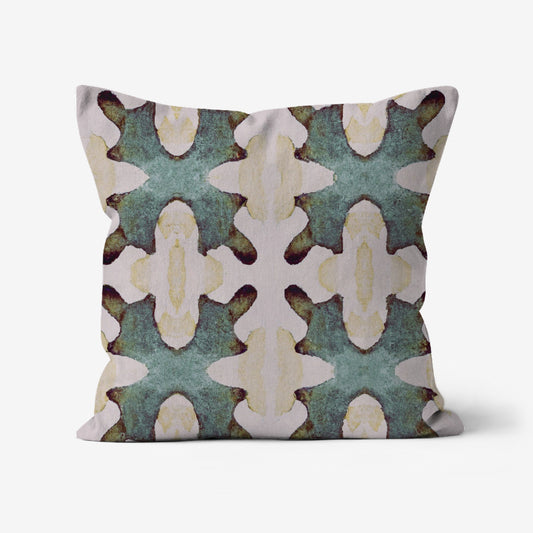 Dahlia Boho Throw Pillow featuring a modern abstract design in earthy green, beige, tan linen, and brown with a reversible double-sided print on linen-textured fabric