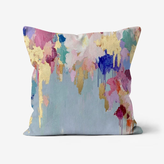 Emma Abstract Boho Throw Pillow featuring a colorful paint drip splash design with mineral blue, gold foil, pink, magenta, green, purple, and white on a linen-look fabric.