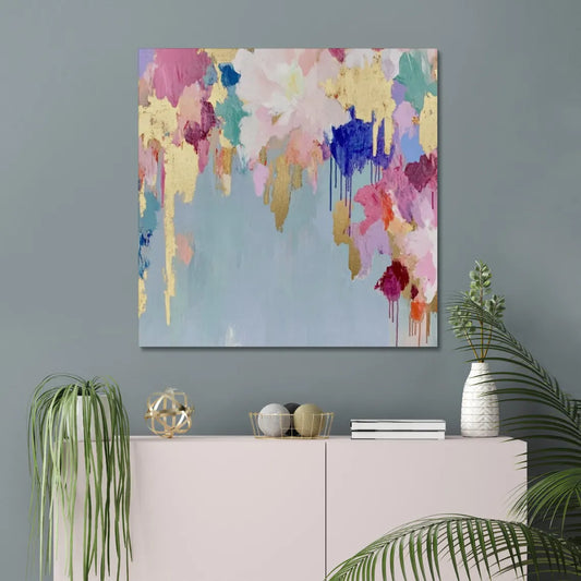 Emma abstract textured canvas wall art featuring drip splash design in mineral blue, gold foil, pink, sage green, and magenta with a palette knife impasto finish.