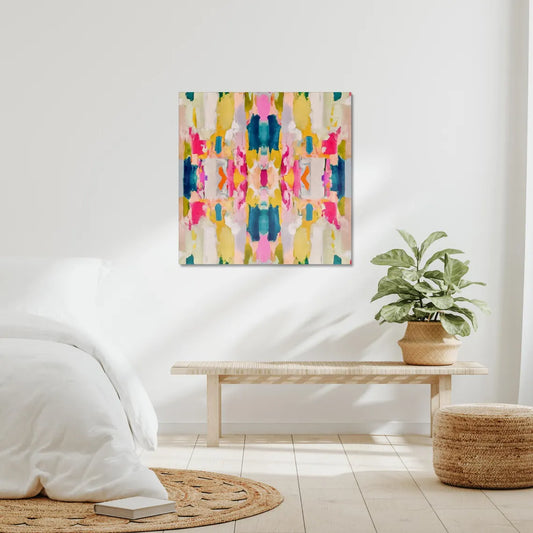 Eva Abstract Canvas Wall Art with palette knife impasto painting in gold, yellow, blue, and peach tones, gallery-wrapped on a wooden frame.