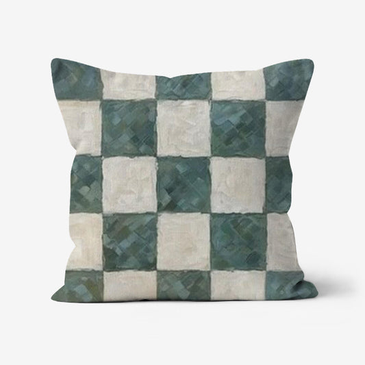 Green and white checkerboard throw pillow featuring a bohemian-inspired palette knife-painted design in sage green, off-white, and ivory with a linen-look fabric