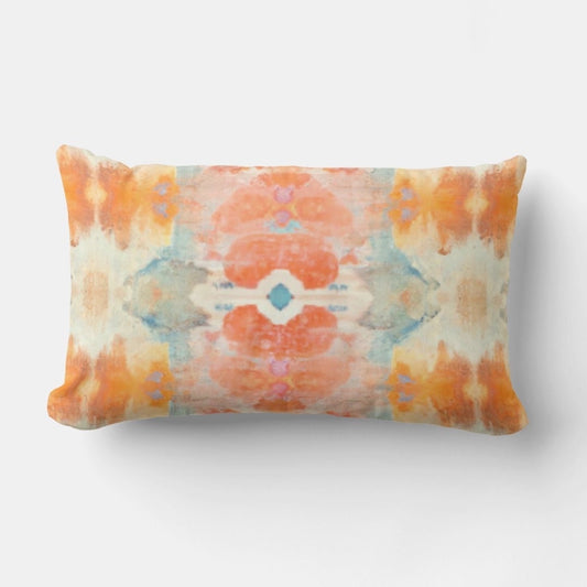 Isla Boho Lumbar Throw Pillow with an abstract modern art design in terracotta, red, orange, mineral blue, green, beige, and tan on soft linen-look fabric.