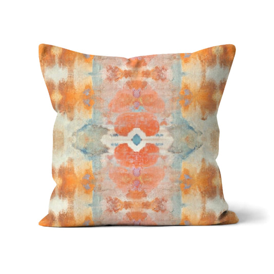 Isla Geometric Boho Throw Pillow featuring an abstract modern art design in terracotta, red, orange, tan, beige, green, and mineral blue with a linen-textured finish