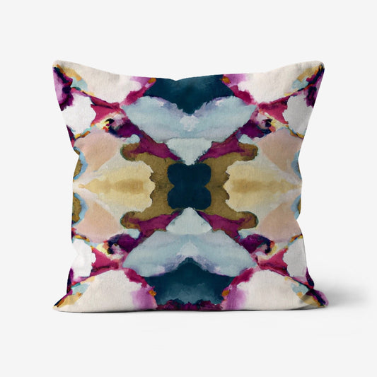 Jada Abstract Boho Throw Pillow featuring a vibrant modern art design in magenta, gold, navy, indigo, sky blue, mauve, yellow, and fuchsia with a linen-textured look.