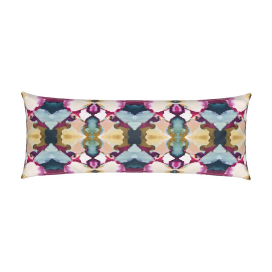 Jada Long Lumbar Pillow featuring a decorative abstract painted print with blue, yellow, fuchsia, peach, green, white, and brown hues, available in 15x36” and 15x49” sizes.