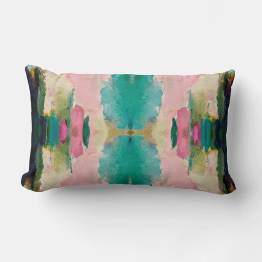 Lola Boho Lumbar Throw Pillow in 12x20 size with an abstract artistic print featuring green, pink, black, gold, turquoise, and teal on a linen-look fabric.