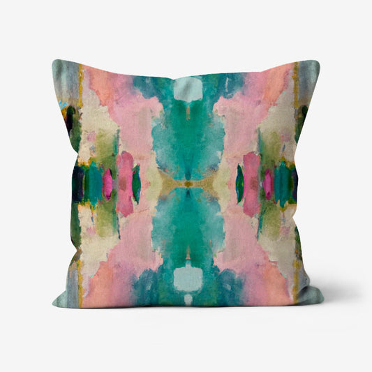 Lola Mid-Century Modern Geometric Throw Pillow featuring a colorful abstract art print with green, jade, pink, turquoise, teal, yellow, gold, and black on a linen-textured fabric.