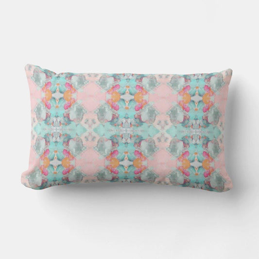 Mila Boho Lumbar Throw Pillow featuring a colorful abstract art print in seafoam green, teal, aqua blue, orange, hot pink, and pale pink with a soft linen-look fabric.