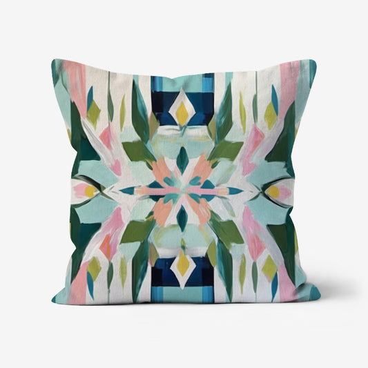 Modern Geometric Boho Throw Pillow featuring a colorful palette knife-painted abstract design with blue, olive green, pink, peach, mauve, white, aqua, and navy on a linen-textured fabric.