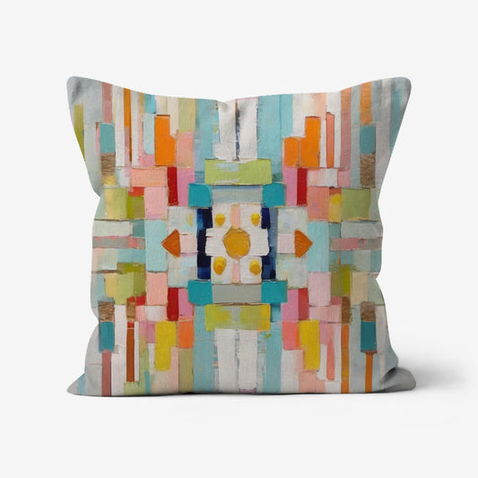Moira Bohemian Designer Throw Pillow featuring a colorful abstract impasto print in olive green, aqua blue, red, pink, orange, yellow, gold, and teal with a linen-look fabric