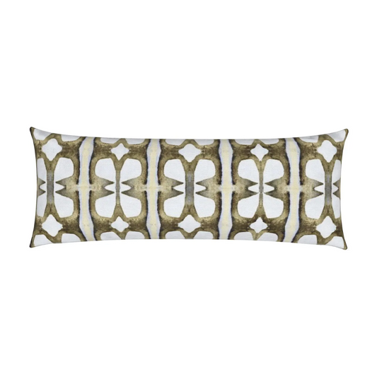Long lumbar throw pillow featuring an abstract painted print in brown, gold, white, black, and light blue with a linen-textured fabric and hidden zipper closure.