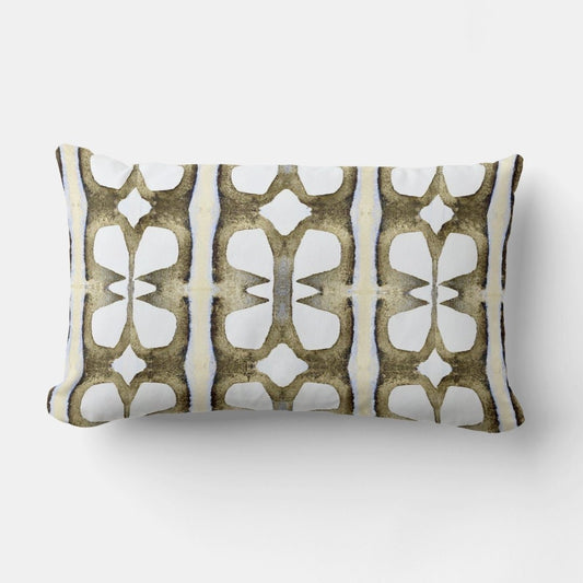 Nala abstract lumbar pillow featuring a modern art-inspired design in brown, gold, yellow, white, light blue, beige, and black, with a soft linen-look fabric