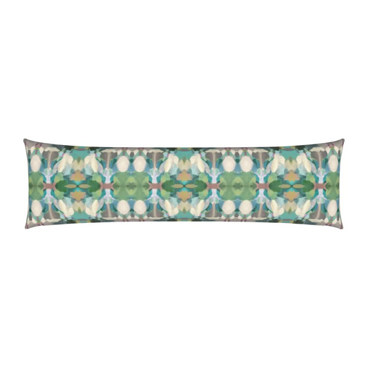 Long decorative lumbar pillow with an abstract painted design in green, brown, taupe, white, tan, beige, blue, and turquoise. Features a linen-look fabric with a hidden zipper.